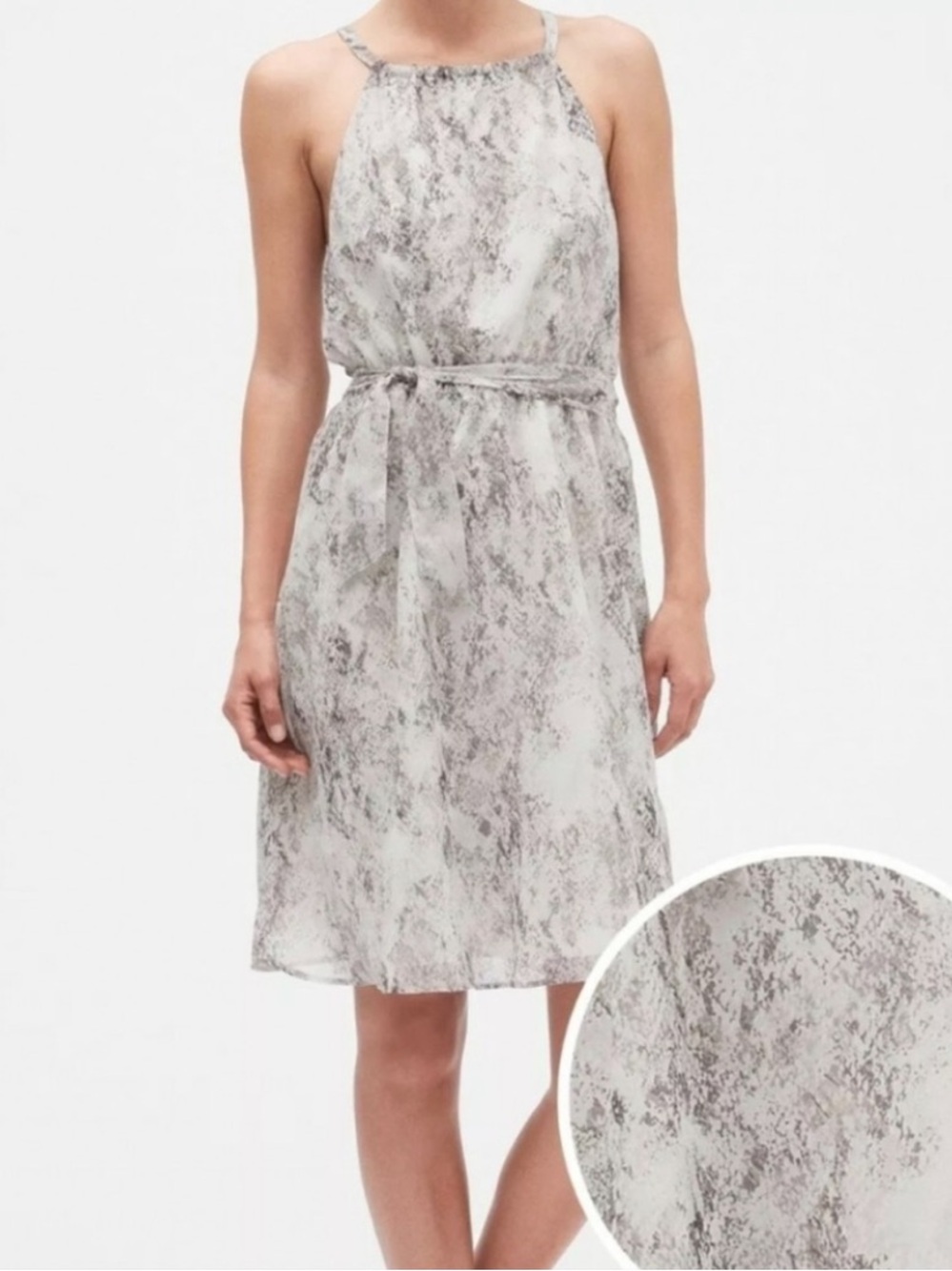 Banana Republic Ivory Gray Snakeskin Print Belted Halter Dress Size 6
